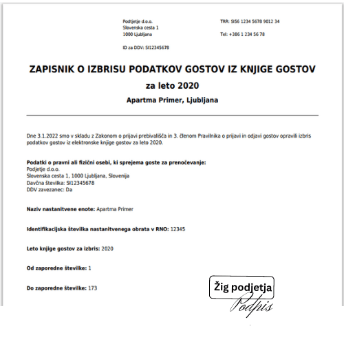Zapisnik o brisanju podatkov - Bentral - knjiga gostov